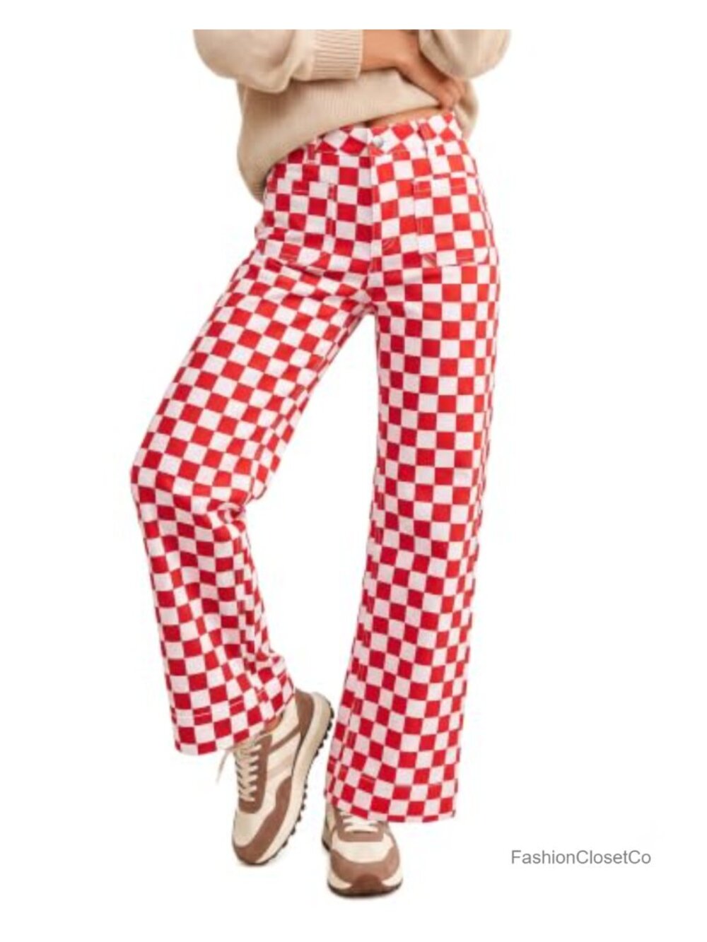 High Waisted Wide Leg Checkered Stretch Jeans Y2K Retro